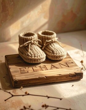Baby name Ethan engraved on a wooden plaque with knitted baby shoes. Image for baby name reveal