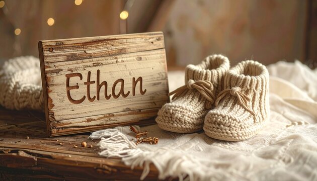 Baby name Ethan engraved on a wooden plaque with knitted baby shoes. Image for baby name reveal