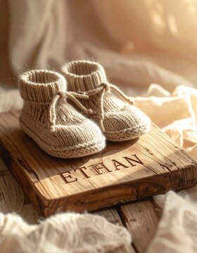 Baby name Ethan engraved on a wooden plaque with knitted baby shoes. Image for baby name reveal