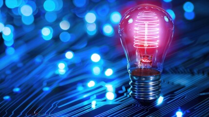 Bright Light Bulb on Circuit Board Background with Blue Bokeh Effect for Technology and Innovation Concepts