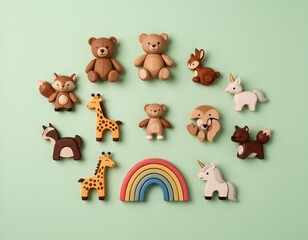 A collection of wooden toy animals arranged in a circle on a pastel green background