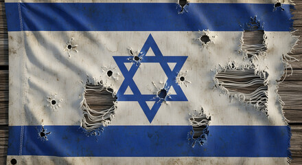 Obraz premium A tattered and bullet-ridden flag of Israel, displaying its blue Star of David and stripes on a white background, symbolizing conflict and resilience.
