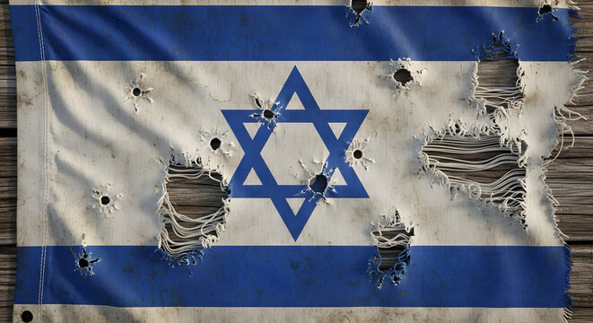 A tattered and bullet-ridden flag of Israel, displaying its blue Star of David and stripes on a white background, symbolizing conflict and resilience.