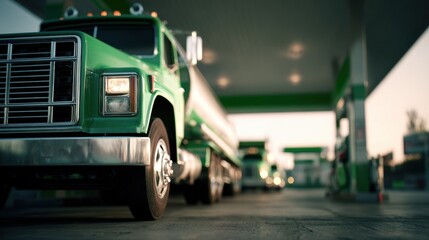 Medium shot of a biodiesel truck fueling station with the main truck in sharp focus and the background blurred to highlight ecofriendly fuel use