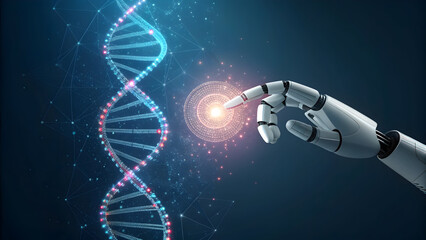 Full hd 4k stock image download White robot hand interacting with glowing blue and red digital D N A helix on dark blue background