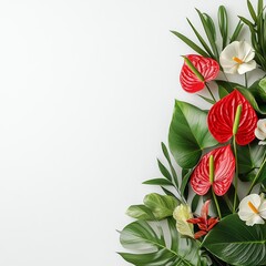 Colorful flowers and lush green leaves arrangement.