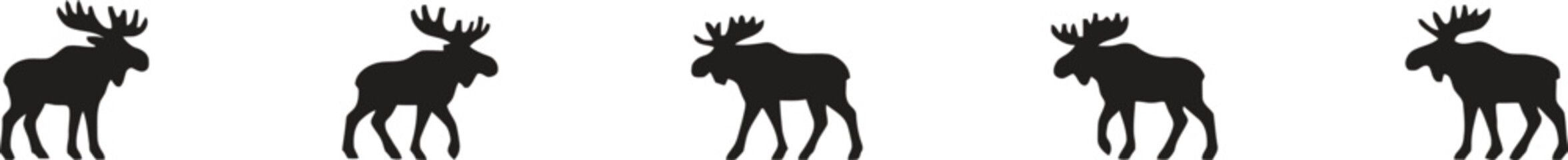 Set of five different moose silhouette icons collection isolated on transparent background flat style vector illustration