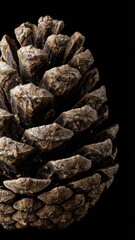 dramatic closeup dry brown pinecone scales isolated against deep velvety black background