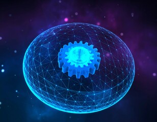 Blue cogwheel encased in digital mesh sphere against a cosmic, purple background