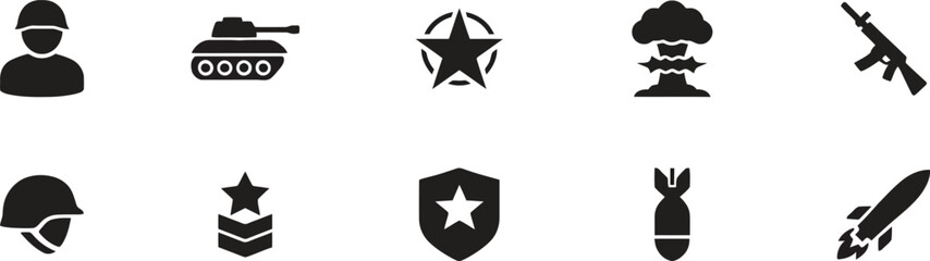Naklejka premium Various military and army equipment icons like soldier tank star and explosion