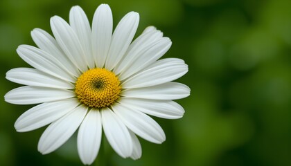 Fototapeta premium “Beautiful White Daisy Flower with Yellow Center in Full Bloom, Macro Close-Up of Fresh Chamomile or Daisy Blossom Isolated Against Soft Green Blurred Background, Spring Nature and Floral Beauty Conce