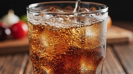 Refreshing carbonated cola beverage with ice cubes being poured into a clear glass creating dynamic splashes and effervescent bubbles perfect for a hot summer day or a casual meal setting. - Powered by Adobe