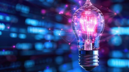 Abstract glowing light bulb on a colorful digital background representing innovation and creativity in technology