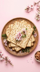 delicate pink springtime blossoms decorating toasted matzah bread on rustic brown wood