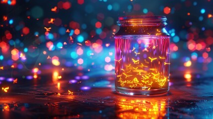 Glowing Fireflies in Jar With Colorful Background Creating Magical Night Atmosphere