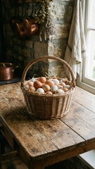 sunlight illuminating a wicker basket of multicolored speckled eggs on rustic wood table