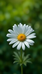 Fototapeta premium “Beautiful White Daisy Flower with Yellow Center in Full Bloom, Macro Close-Up of Fresh Chamomile or Daisy Blossom Isolated Against Soft Green Blurred Background, Spring Nature and Floral Beauty Conce