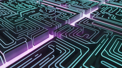 A glowing light navigates a complex digital maze, symbolizing a challenging path or problem-solving.	
