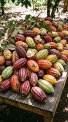 abundant purple orange green cacao harvest showing creamy white pulp on rustic wood