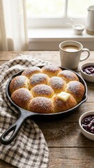 warm golden brown dinner rolls butter sugar cast iron skillet rustic wood table light