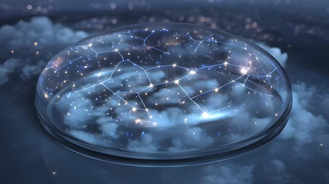 Cinematic nighttime flat Earth model beneath a clear glowing dome, constellations shimmering overhead with gentle ambient light and slow camera movement.