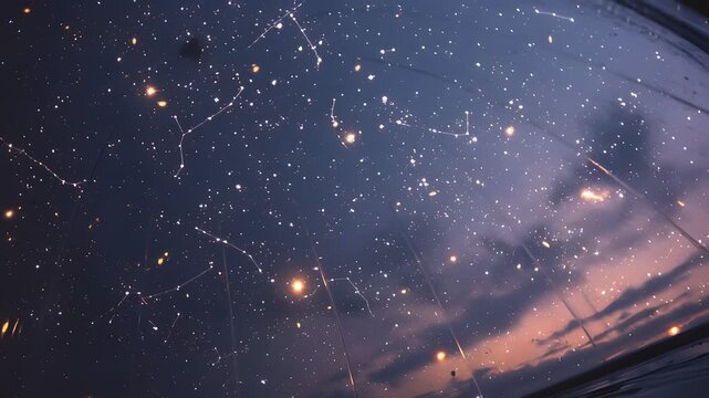 Stylized flat Earth at night under a translucent celestial dome, soft ambient lighting and shimmering constellations with subtle drifting cinematic motion.