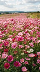 expansive pink magenta cosmos flower field following the winding dirt path toward distant hills