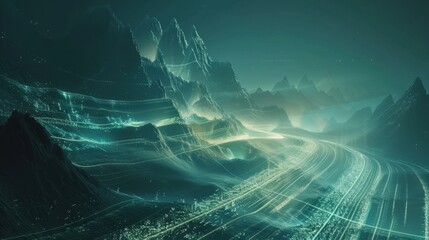 Digital landscape with glowing lines and abstract mountains under a night sky, representing technology and connectivity in nature