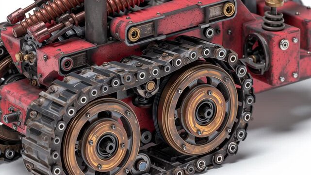 A vintage, rusty machine with a chain and a red and black color scheme. Close-up small crawler robotic drivetrain with friction controlled tread, teaching mechanical advantage, robotic education kit