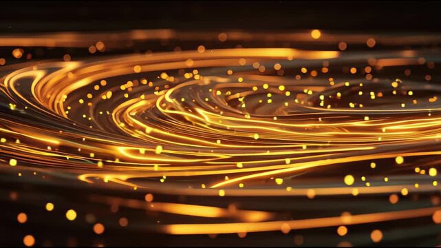 Golden swirling patterns and ripples spreading across a dark abstract background with vibrant glowing effects
