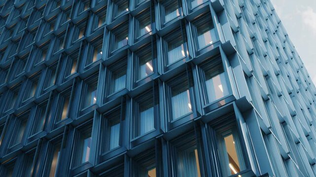 A building with a blue facade and a lot of windows. Close-up small scale facade interface allowing social commerce and living to coexist, future mixed use, mixed use urban project