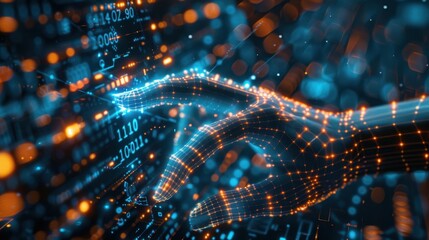 Digital Hand Interacting with Glowing Data Streams and Binary Code in a Futuristic Cyber Environment
