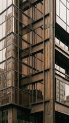 weathered oxidized steel structure reflecting moody brown tinted glass panels urban rivets visible