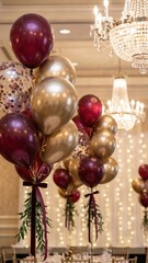 deep metallic wine gold balloons lush green sprigs hanging below bright crystal fixtures