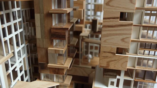 A model of a city made of wood and glass. Close-up stacked public space ribbon between vertical mixed use massing, small scale physical model, mixed use urban project