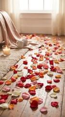 romantic scattered red pink orange petals on shiny wood floor near glowing candle