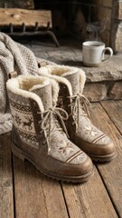 wool lined leather boots with nordic deer pattern near steaming coffee on stone hearth