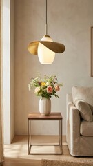 sculptural brass opal light above vibrant floral bouquet on modern square table