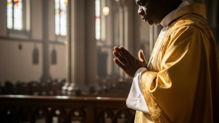 African catholic priest praying in a church. Man in golden vestment showing devotion during religious ceremony for faith and worship.