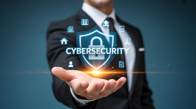 Businessman presenting cybersecurity concept with shield and lock - Powered by Adobe