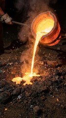 bright molten metal poured onto rough dark ground creating intense flying sparks