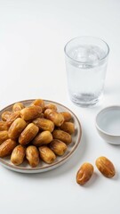 glossy amber dates resting on speckled plate near sweating ice water glass white background
