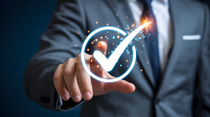 Businessman in suit interacting with glowing checkmark icon