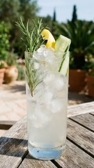 summer garden icy beverage garnished with fresh cucumber and aromatic green rosemary