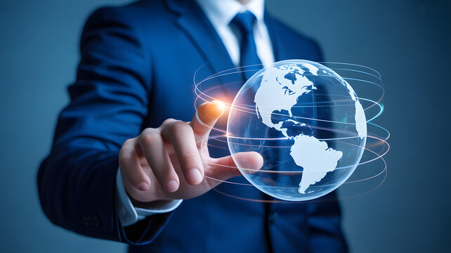 Businessman interacting with a glowing digital globe in a blue suit - Powered by Adobe