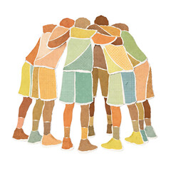 Group of people in team huddle paper collage illustration