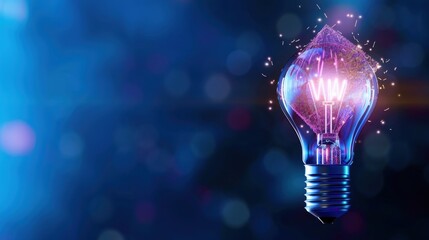 Vintage Inspired Light Bulb with Bright Neon Glow on a Mystic Blue Background for Creative Illustrations