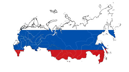 A 3d vector illustration of the Russian Federation map and national flag showing the geography of the country across Europe and Asia as a world travel symbol © Wisnu505