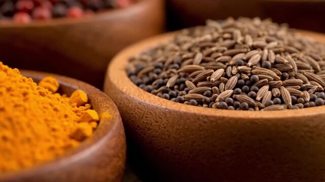 Close‑up culinary scene of three rustic wooden bowls showcasing vibrant spices, with the foreground bowl brimming with dark cumin seeds in sharp focus, captured from a shallow‑depth viewpoint