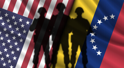 Vector wavy national flags of United States of America and Bolivarian Republic of Venezuela. Relations between countries. American and Venezuelan. Dark shadows of soldiers